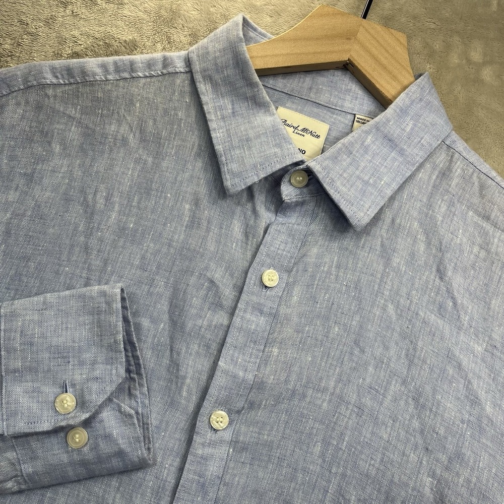 Baird McNutt Murano Blue Solid Linen Button-Up Long Sleeve Point Collar Mens L
